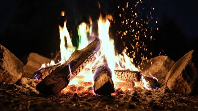Burning campfire with bright flames and smoke at night.