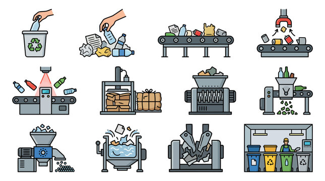 Set of icons depicting plastic waste recycling process and industrial machinery.