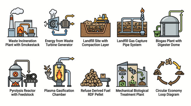 Set of waste management and energy recovery technology icons.
