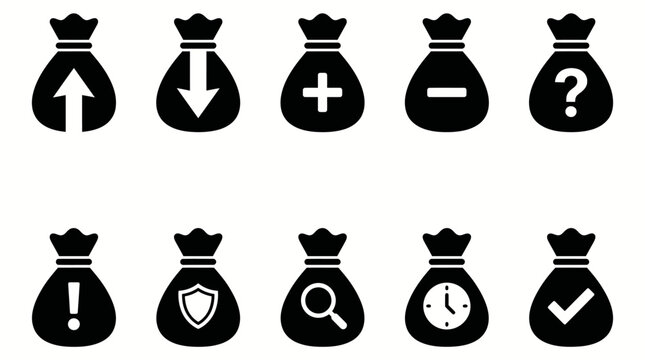 Set of money bag icons with various business symbols.