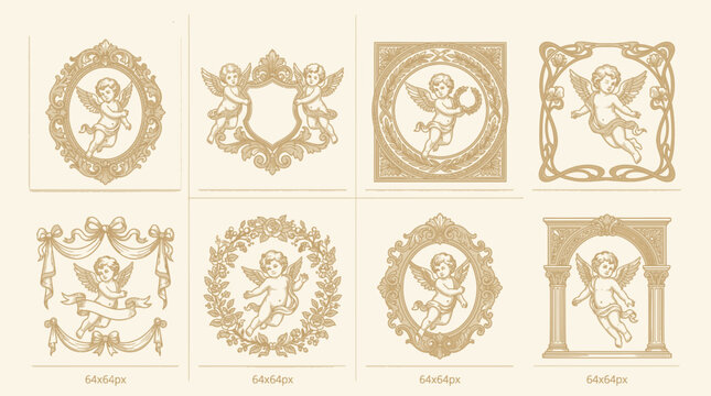 Vintage cherub collection with ornate decorative frames and wreaths.