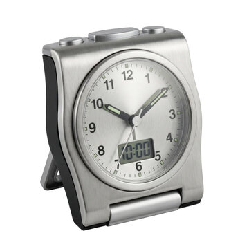Modern silver analog alarm clock with dual display and electric design for bedroom
