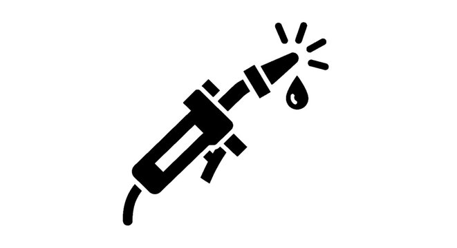 Minimal black silhouette icon, simple flat vector, bold black shape, no, no shading vector icon of a welding torch or soldering iron with a dripping liquid on a, flat icon style
