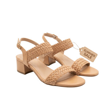 Stylish Beige Woven Strap Open Toe Heel Sandals for Summer Fashion