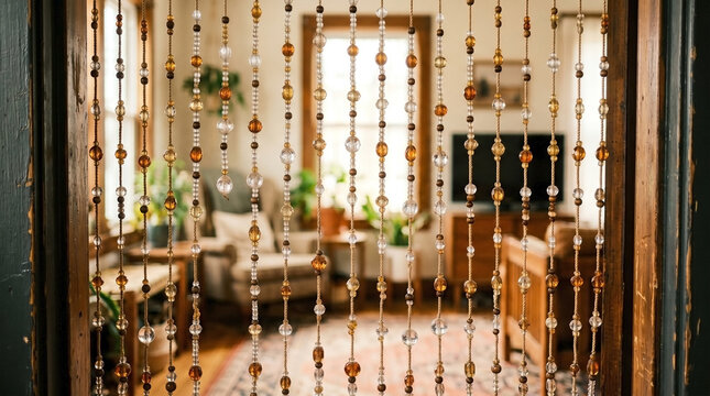 Hanging beaded curtain doorway with colorful beads and light streaming through, creating a warm atmosphere in cozy living room.