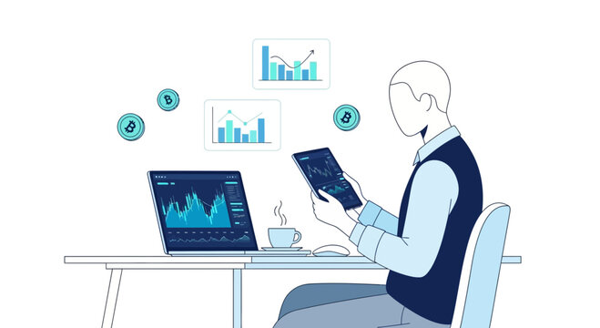 Man analyzing financial charts on laptop and tablet, cryptocurrency concept