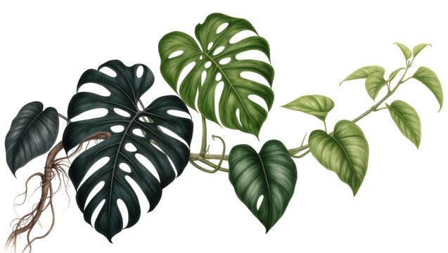 Monstera Deliciosa and Philodendron leaves with aerial roots