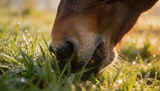 close up of horse muzzle grazing on green grass with dewdrops perfect for World Horse Day
