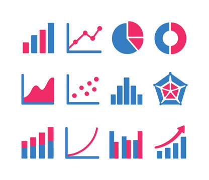 Collection of diverse business and financial chart icons in blue and pink
