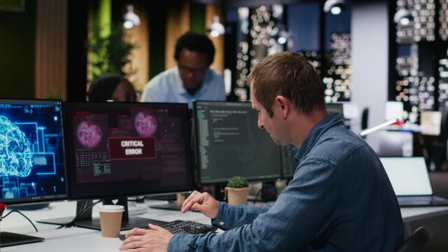 System administrator in office receiving critical error warning while writing code. Tech agency staff member using PC to troubleshoot software glitches, resolving system crashes for coding workflows.