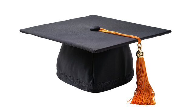 Black graduation cap with orange tassel and 2023 charm