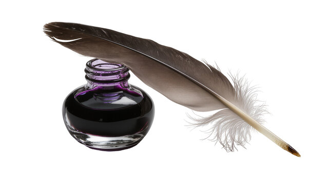 Feather quill resting on a glass inkwell with purple ink
