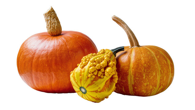Orange pumpkins and bumpy yellow gourd with stripes