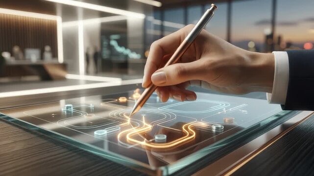 Hand Using Stylus on Futuristic Transparent Touchscreen Display With Digital Interface in Modern Office