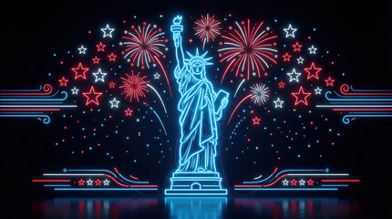 Neon statue of liberty outline with colorful fireworks and stars on a dark generated using ai