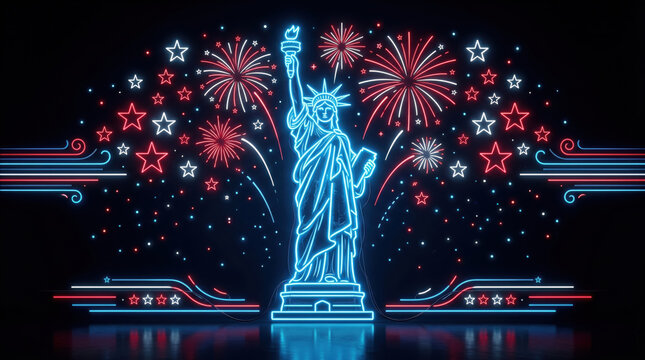 Neon statue of liberty outline with colorful fireworks and stars on a dark generated using ai
