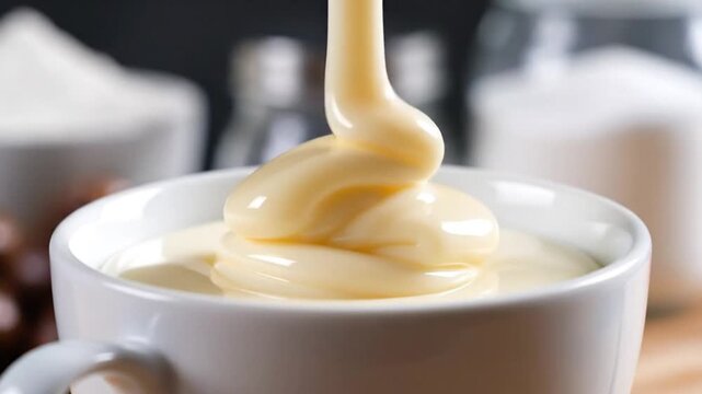 Creamy liquid is being poured into a white coffee cup on a table indoors.