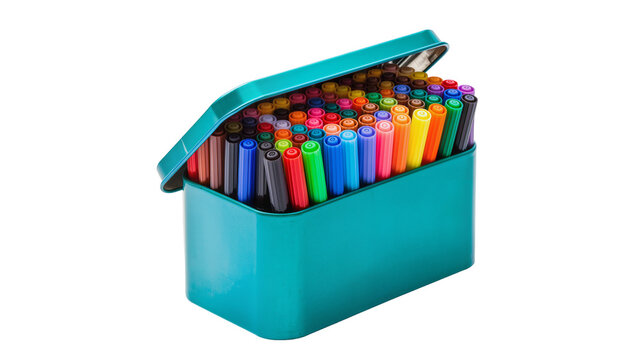 Teal tin box filled with colorful markers