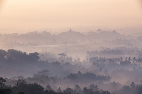 Candi Borobudur view from Puthuk Setumbu during sunrise, Java, Indonesia