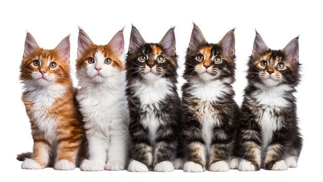 Five Maine Coon kittens sitting in a row