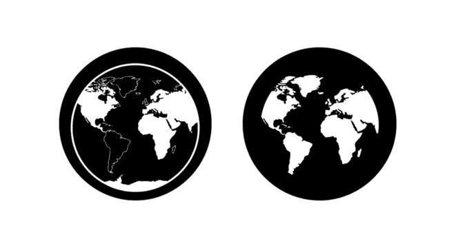 Minimal black silhouette icon, simple flat vector, bold black shape, no, no shading set of two black and white globe icons showing world map on a, flat icon style