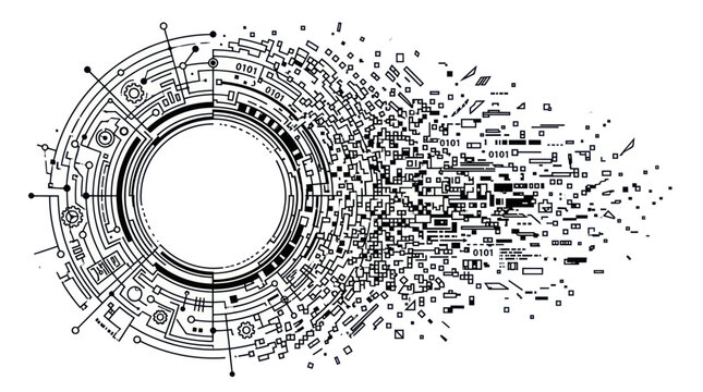 Tech hud circle disintegrating into digital pixels and binary data