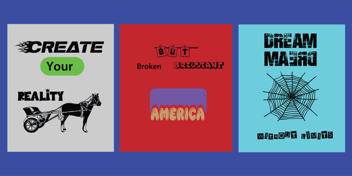 Triptych of bold graphic designs with text and symbolic imagery