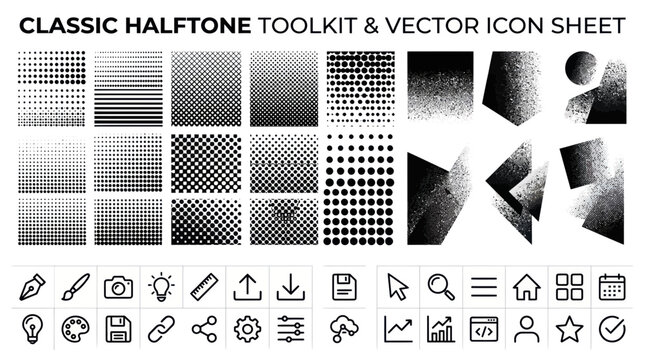 Classic halftone patterns and user interface vector icon sheet