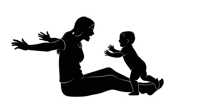 Black silhouette of a mother sitting with arms outstretched, welcoming her baby who is toddling towards her in a joyful parenting embrace against a clean white background