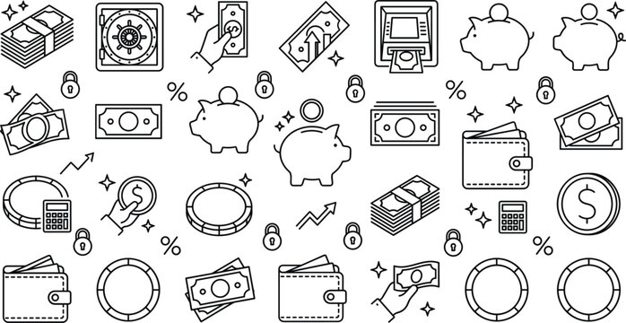 Finance vector icon set linear outline banking money wallet piggy bank safe cash dollar elements isolated on white
