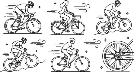Naklejka premium Cycling vector icon set linear outline bicycle riders mountain bike road racing commuter wheel isolated on white background