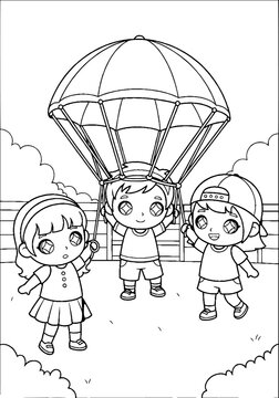 Three Children Playing Under Large Parachute Toy Outside.