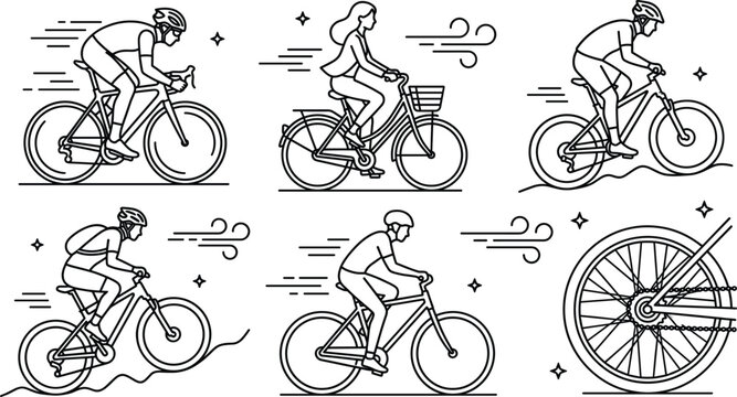 Cycling vector icon set linear outline bicycle riders mountain bike road racing commuter wheel isolated on white background