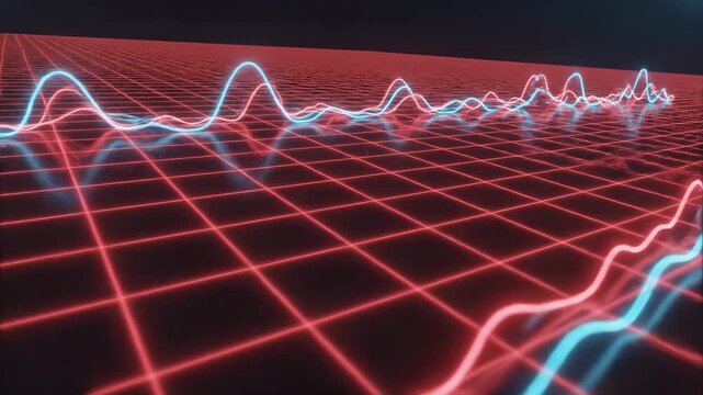 Abstract animation of two vibrant, undulating lines flowing across a glowing red grid, representing data or sound waves in a digital landscape.