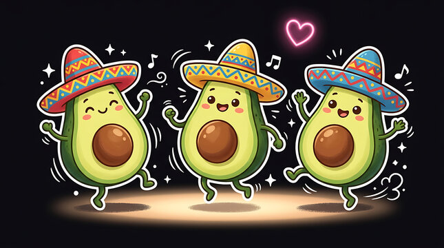 Dancing avocado characters wearing sombreros a colorful cartoon illustration on black avocados