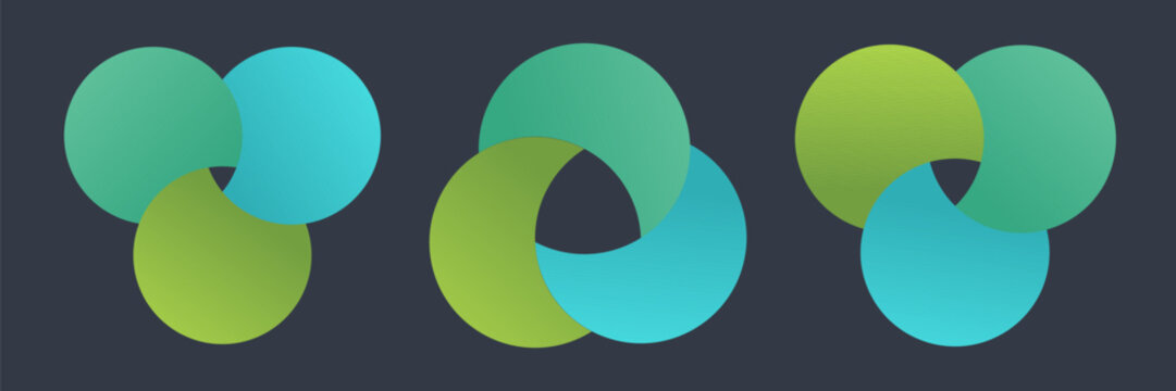 Venn circle diagram with three round segments showing overlap and balance for infographic presentation or marketing process chart in clean vector design.