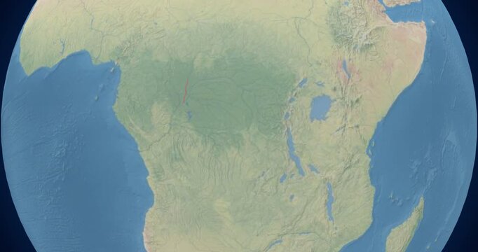 Democratic Republic of the Congo on Globe. Zoom into the country with Earth spinning on dark background. Physical world map with Democratic Republic of the Congo and label on it.