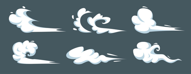Obraz premium Speed smoke effect. Cartoon dust cloud motion effect, anime manga fast run movement trail steam puff bomb explode energy game fight wind magic poof qualitative vector illustration