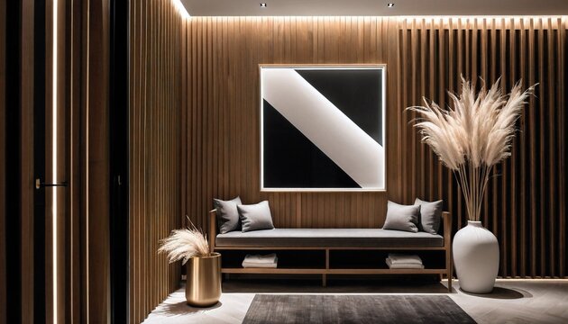Modern luxury interior with wood paneling and abstract art