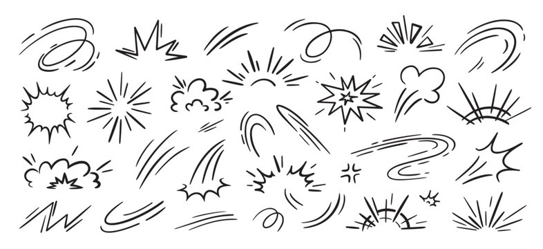 Comic speed lines. Motion burst effect action, hand drawn line explosive boom bang power splash impact dynamic stroke blast crash fight smoke set qualitative vector illustration