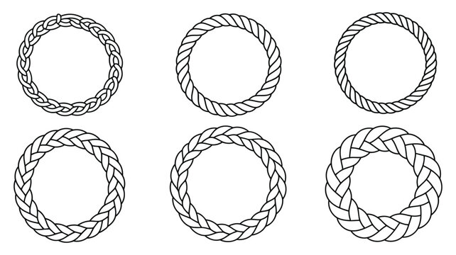 Set of round nautical rope frames in various thicknesses, featuring braided rope circles and editable rope brushes, vector illustration for decorative borders, marine themes, coastal branding