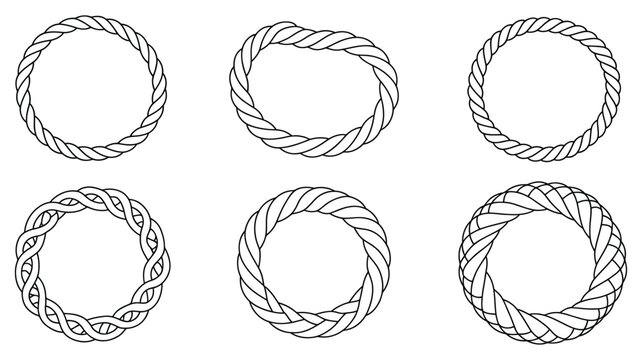 Set of nautical rope circle frames in multiple thicknesses, including braided rope borders and editable rope brushes, vector illustration for marine, sailing, coastal, and decorative design