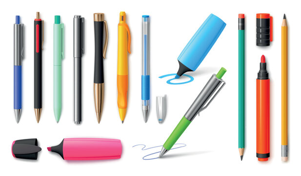 Pen pencil realistic. School stationery supplies office writing tool, 3d metallic gel pens marker wooden mechanical pencils painting education isolated garish vector illustration