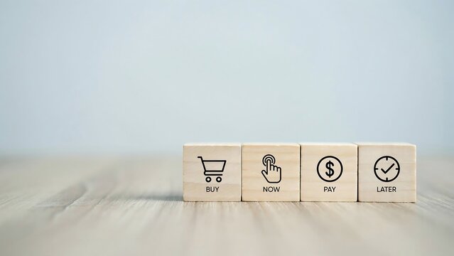 E-commerce icons representing shopping, paying, and saving for later on wooden blocks with a plain background