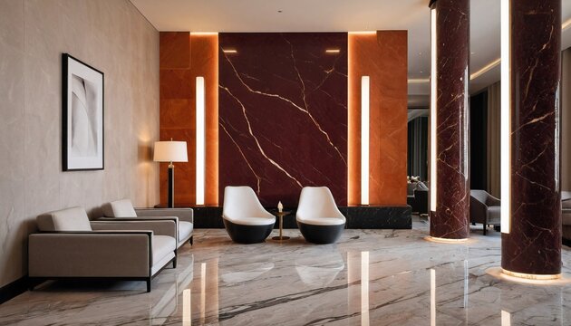 Modern luxury hotel lobby with marble walls and designer furniture