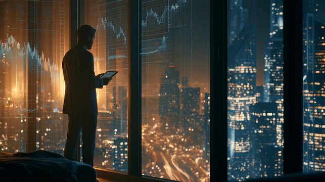 Sophisticated Investor in Luxury Penthouse Office Overlooking Financial District, Cinematic Wealth Management and Investment Strategy Concept at Night