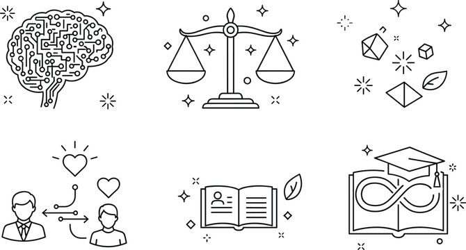 Artificial intelligence ethics and education icon set with digital brain justice scales learning book linear outline vector illustration