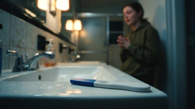 Pregnancy test lying on bathroom sink with blurred crying woman in background. Upset female reacting to unexpected positive result. Unwanted pregnancy and fertility problem concept