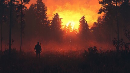 Obraz premium Silhouette figure walks through a misty forest at sunset