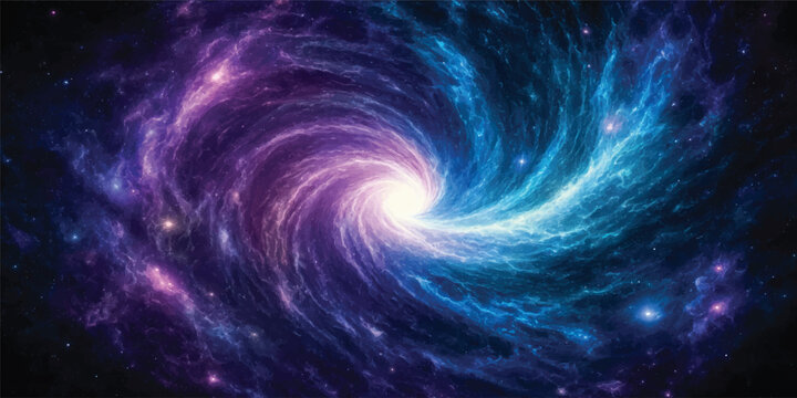 An abstract digital illustration of a glowing blue and black spiral galaxy, featuring a swirling cosmic vortex pattern with vibrant light curves and motion energy